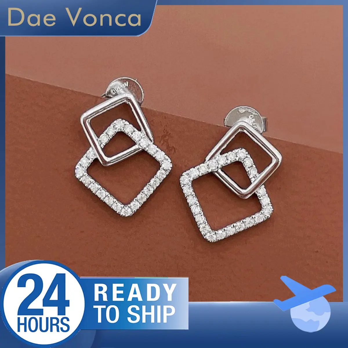 18K White Gold Diamond Stud Earrings Pave Set Natural White Diamonds Double Square Diamond Earrings Birthday Gift For Girlfriend