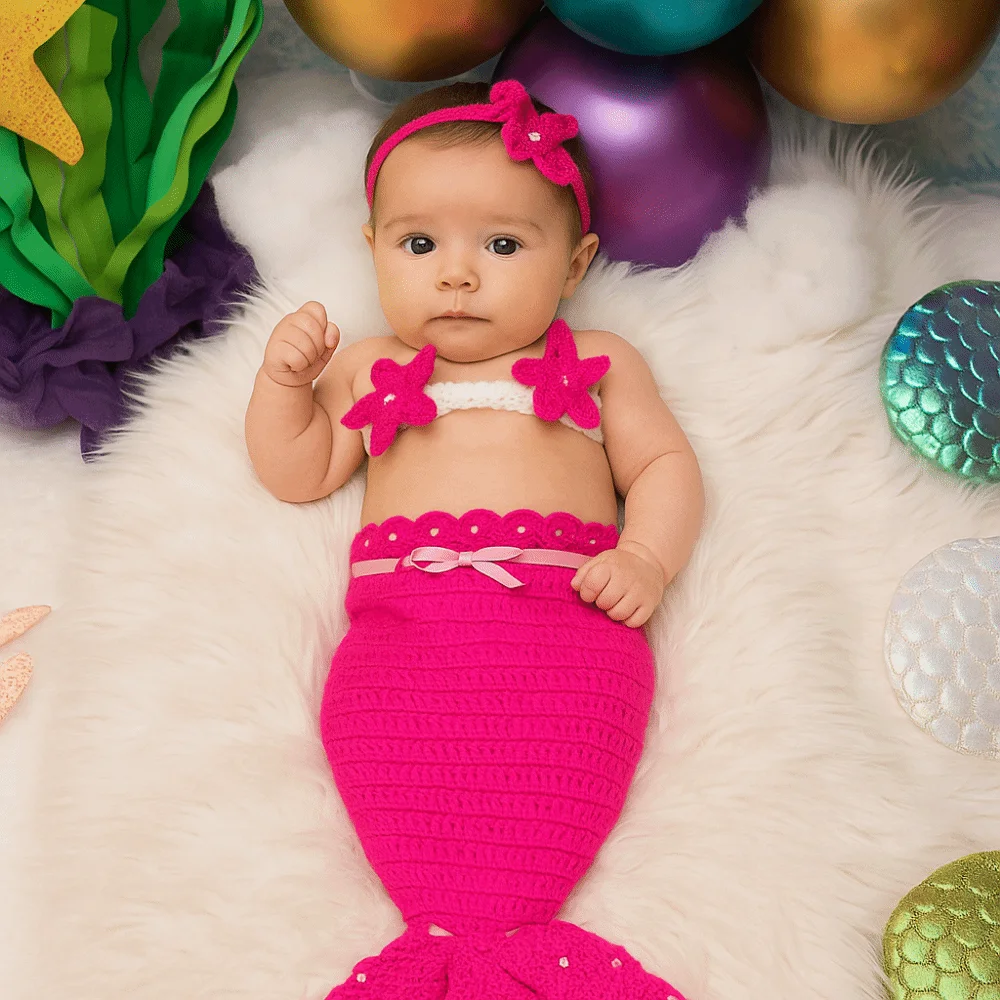3pcs/Set Creative Baby Mermaid Costume Set Soft Solid Color Newborn Photography Props Washable Handmade Baby Photo Props 6