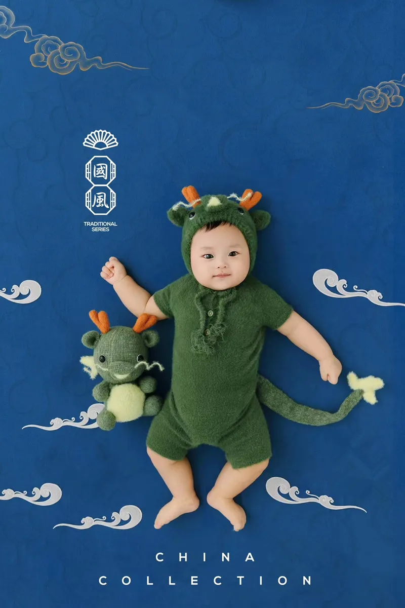 ❤️Baby Photography Clothing Knit Dragon Hat+Jumpsuit+Doll 3Pcs/Set Infant Photo Props Accessories Studio Shoot Clothes Outfits