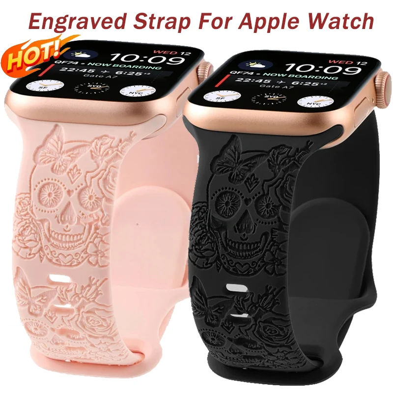Correa grabada para Apple Watch Band Ultra 2 49mm 46mm 45 44 40 41 42 38mm pulsera deportiva de silicona para iWatch Series10 9 8 7SE