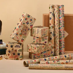 6 Sheets Kraft Gift Craft Paper Cartoon Cake Happy Birthday Wrapping Paper for Boys Brown Gift Wraps for All Birthday Decor