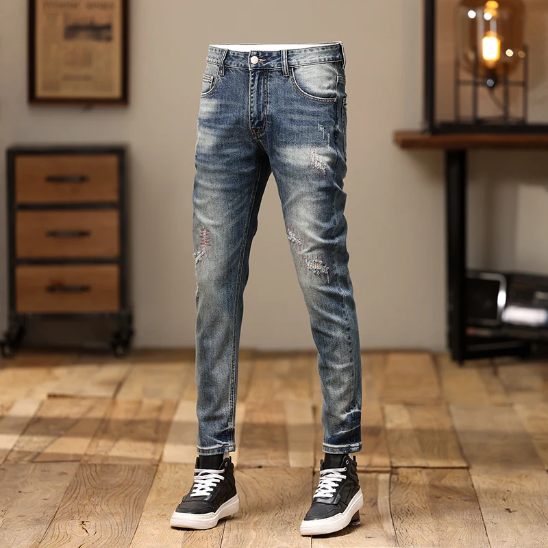 Newly Designer Fashion Men Jeans High Quality Retro Blue Stretch Slim Fit Ripped Jeans Embroidery Patched Vintage Denim Pants