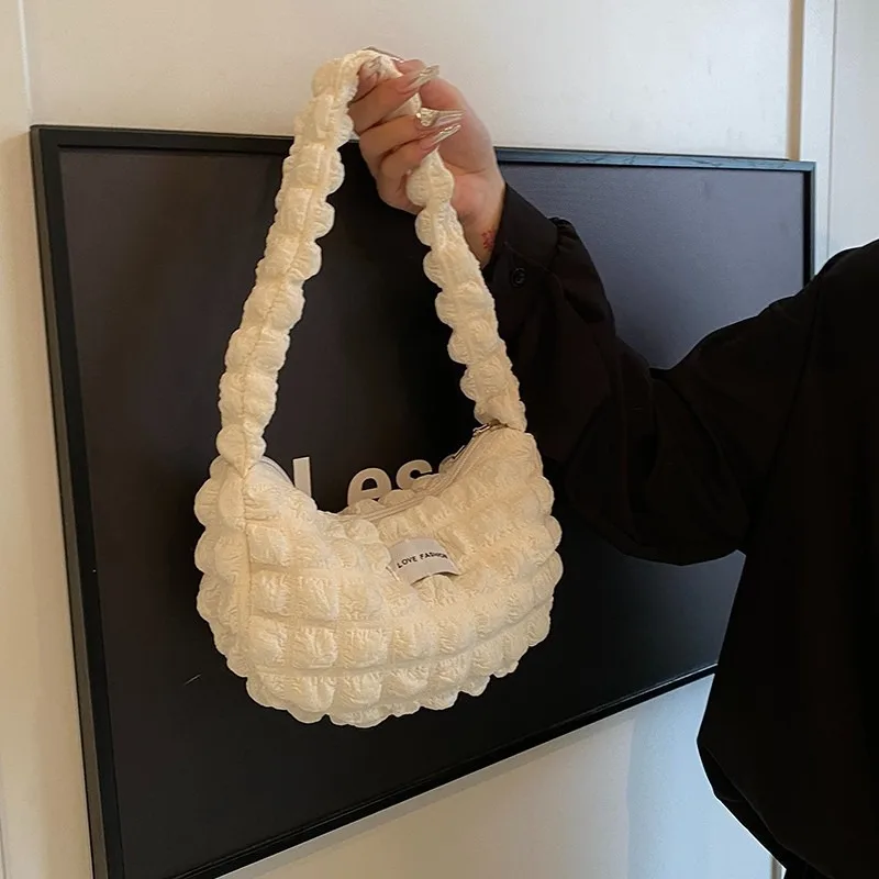 

2025 New Pure Color Large Capacity Single Shoulder Bag Folded Cloud Underarm Commuter Bag Trendy Wrinkle Bag for Women