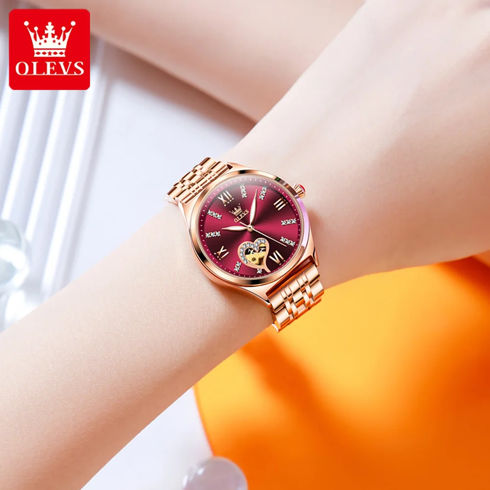 OLEVS 6636 Original Mechanical Watch For Women Diamond Luxury Hollow Elegant Woman Wristwatch Roman Scale Waterproof Watches