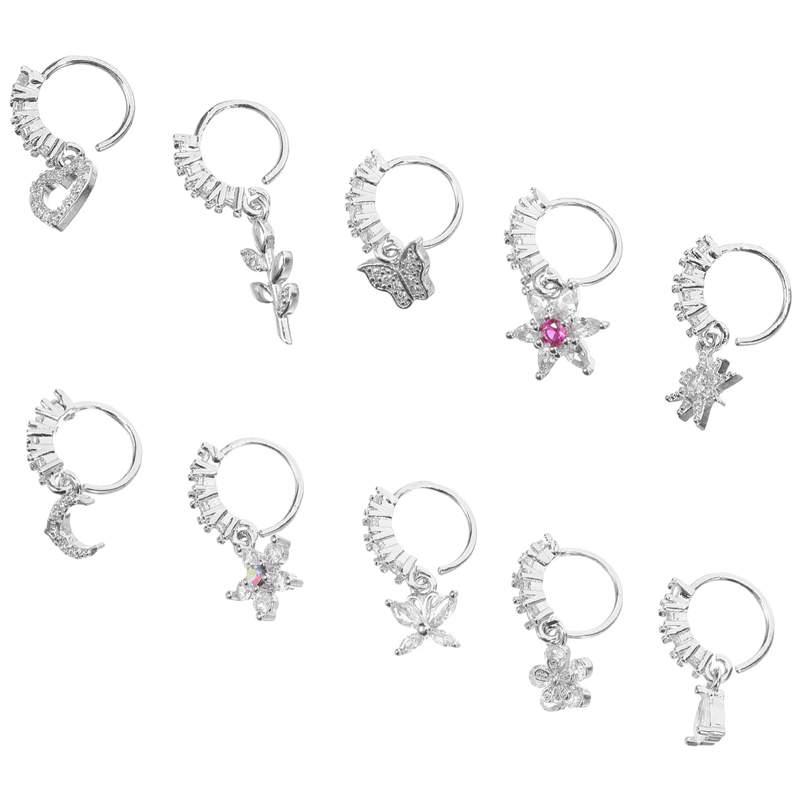 

10 шт. металлических колец для носа с блестящими подвесками, уникальной изящной формы, гипоаллергенные, удобные, модный аксессуар для особых случаев