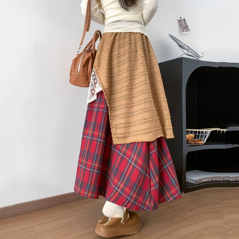 Design irregular rendas retalhos xadrez saias femininas 2025 moda cintura alta plissado saia longa mulher chique guarda-chuva saia feminina