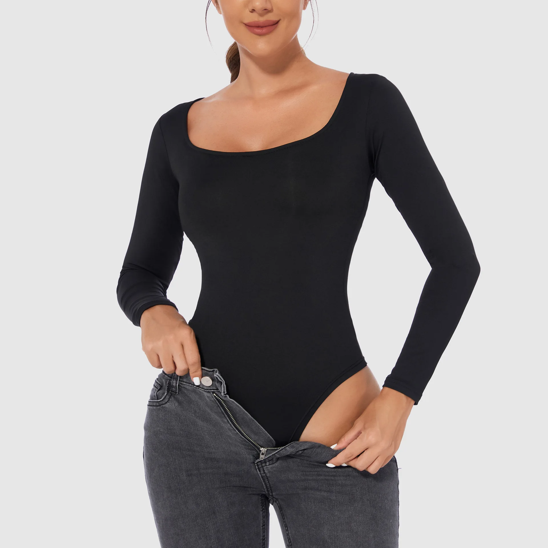 Plus Size Women Seamless Bodysuit Slim T-shirt Long Sleeved U-Neck Women's Jumpsuit Body Shapers Fajas Colombianas Originales