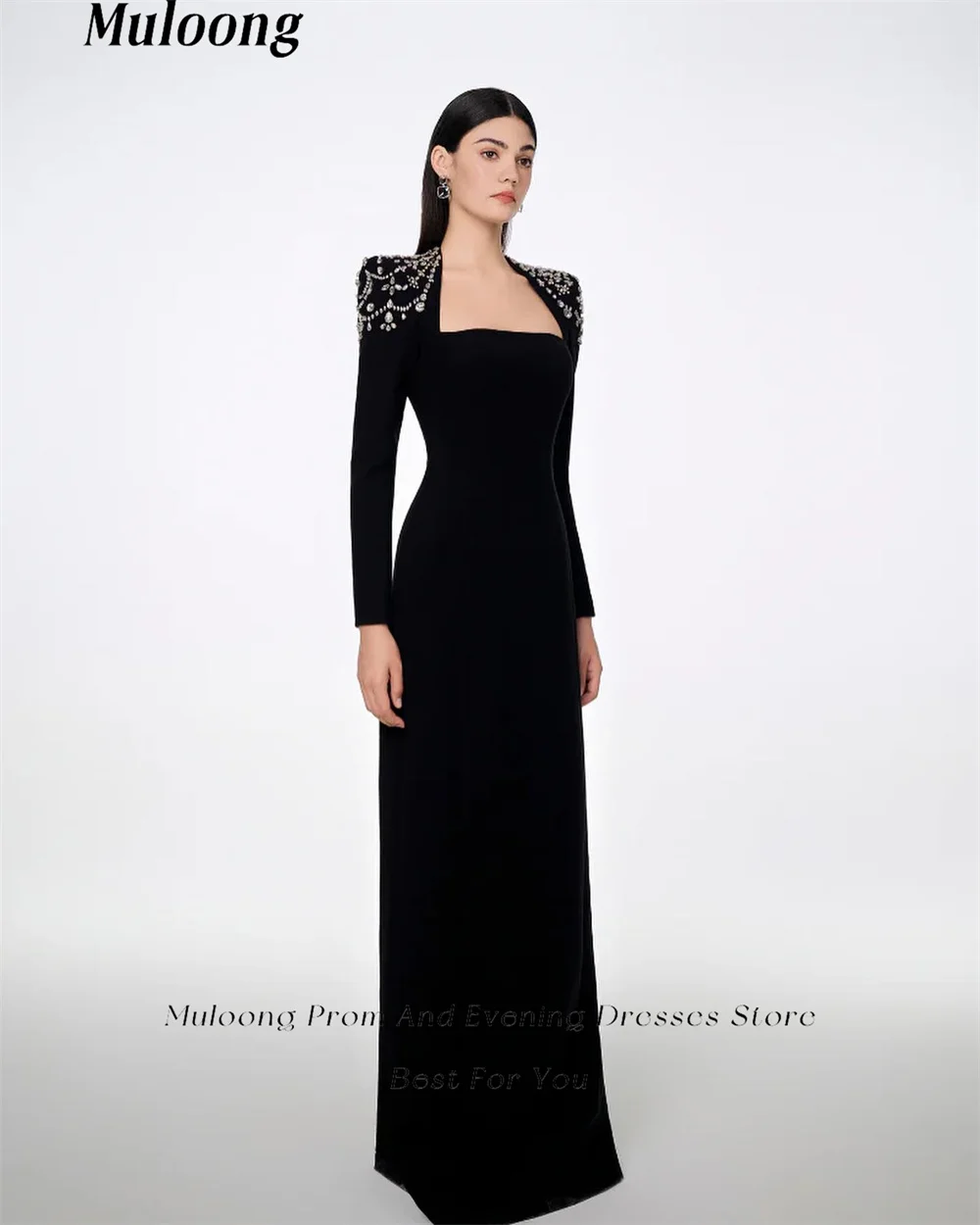 Muloong Black Trapezoid Collar Maxi Dress Floor Length Classic Evening Dress 2023 Crystal Mermaid Saudi Aribia Women Party Dress