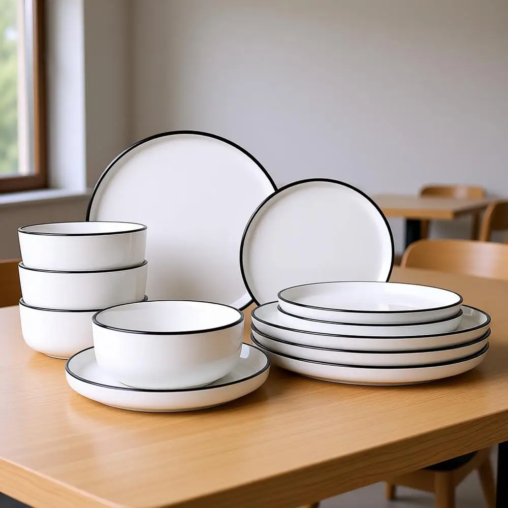 

12-Piece Dinnerware Set: Plates and Bowls with Black Rim, Microwave and Dishwasher Safe