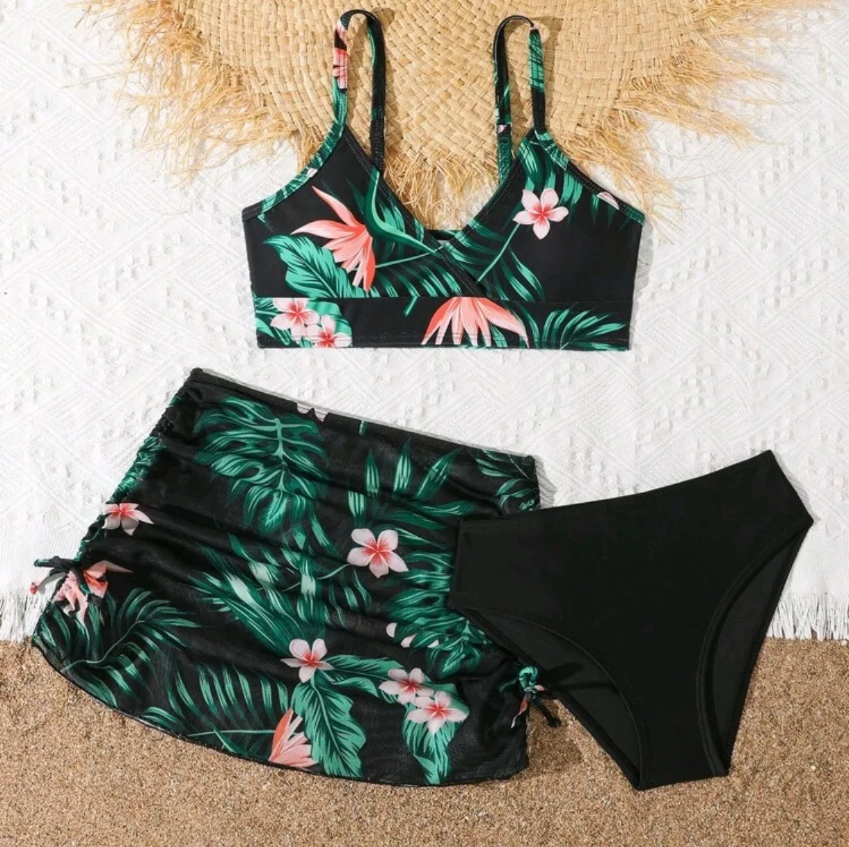 Set bikini per ragazze con stampa floreale da 3 pezzi Costume da bagno per bambini Gonne da spiaggia 7-12 anni Costumi da bagno per bambini 2025 Costume da bagno per ragazza adolescente