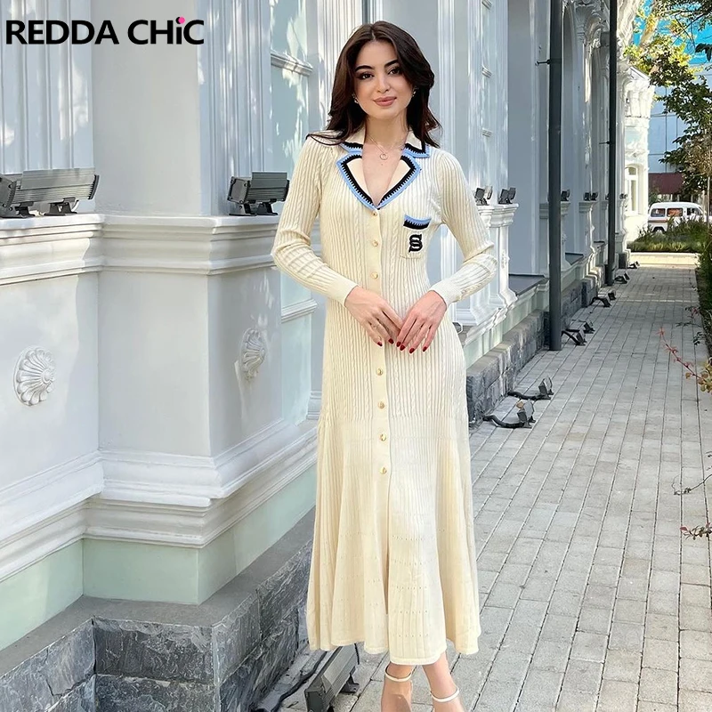

REDDACHiC Contrasting V-neck Knit Long Dress Women Elegant Embroidery Pocket Single-breasted Long Sleeves Casual One-piece Dress