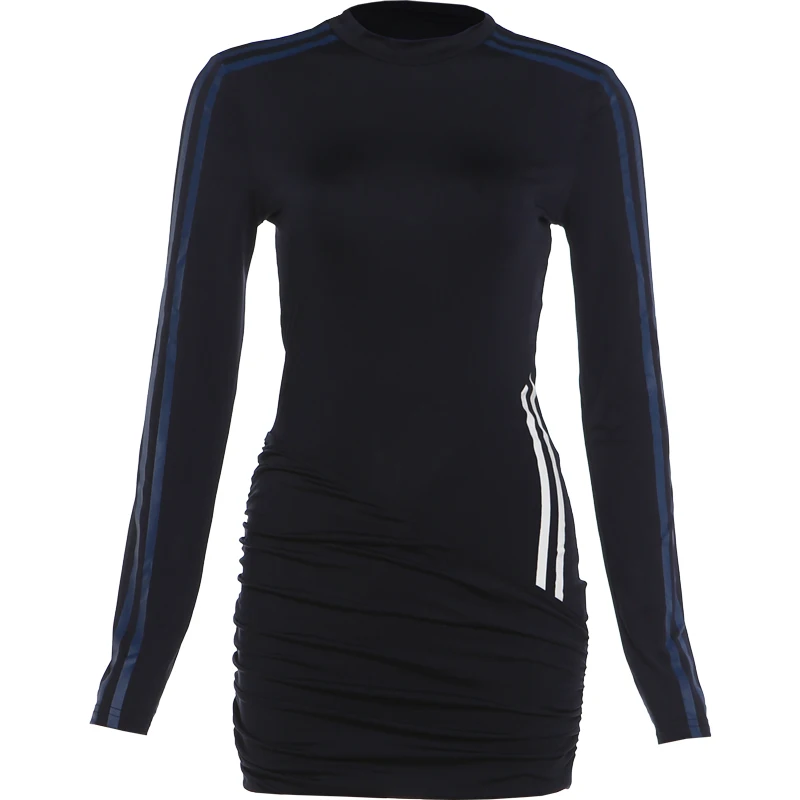 Weird Puss gestreiftes Dekorationskleid für Damen, O-Ausschnitt, Kreuzfalten, lange Ärmel, eng anliegend, hohe Elastizität, sportlicher Stil, Herbst, Mini-Bodycon – Detail 2