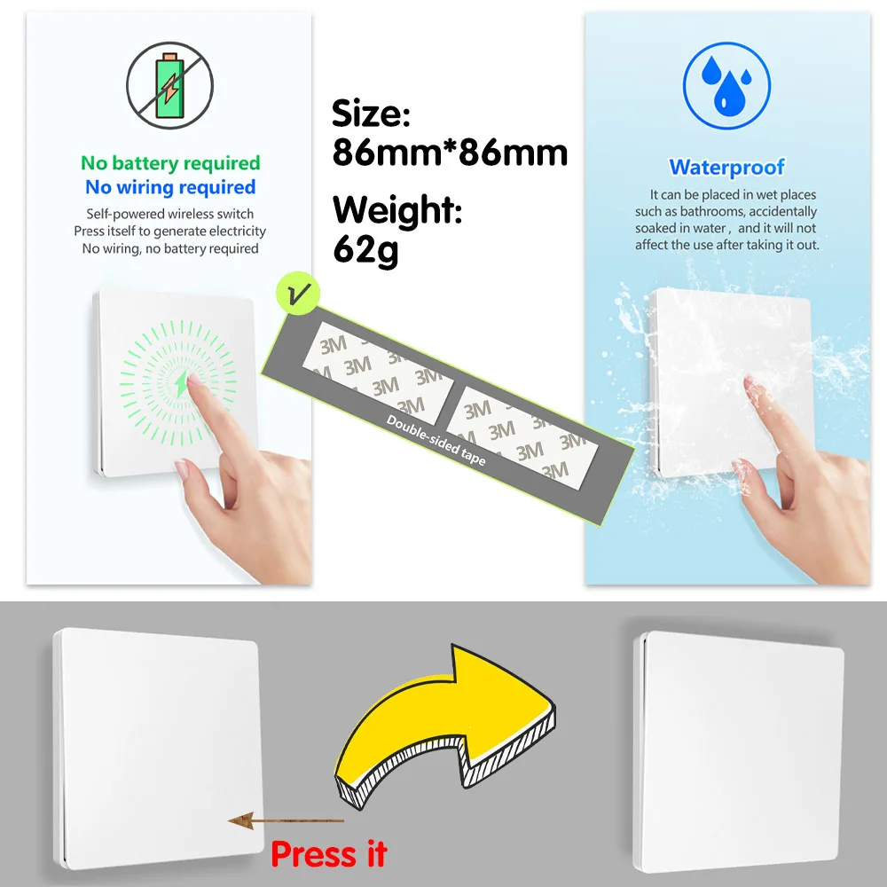 Wifi Rf Smart Light Kinetic Switch 433mhz Self Power Switch Tuya Rocker Switch No Battery Need AC 220V 16A Receiver,for Alexa