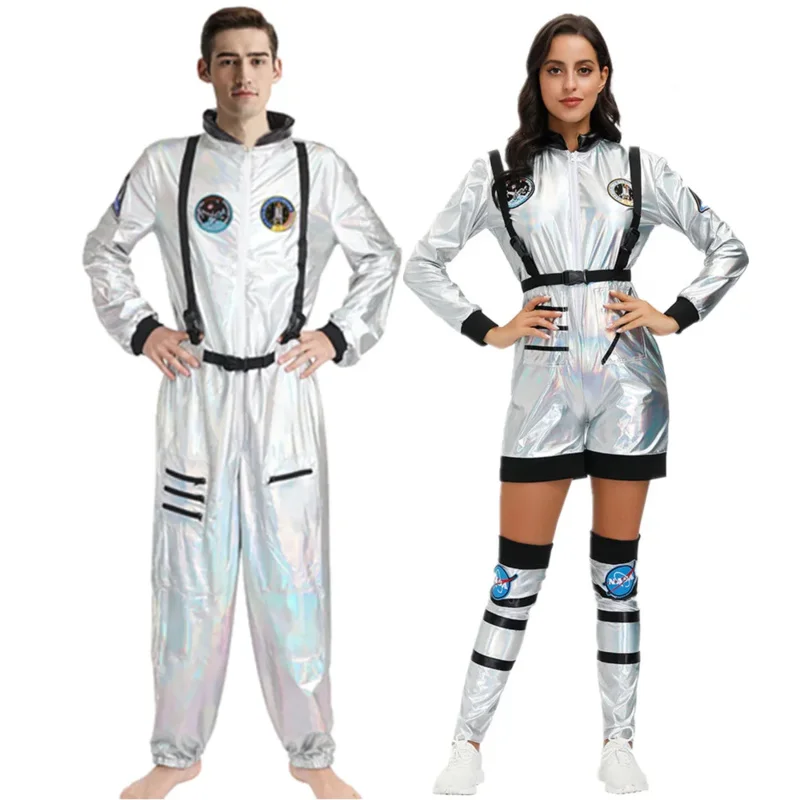 Silver Spaceman Jumpsuit Couple Astronaut Costume For Women Men Halloween Cosplay Adult Pilot Carnival Party Fancy Dress JS4853