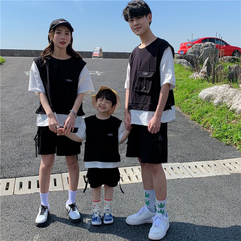 Family Matching Outfits Parent-child Tooling Style 2024 Korean Version Set Mom and Daughter Matching Clothes Kids Clothes Boys