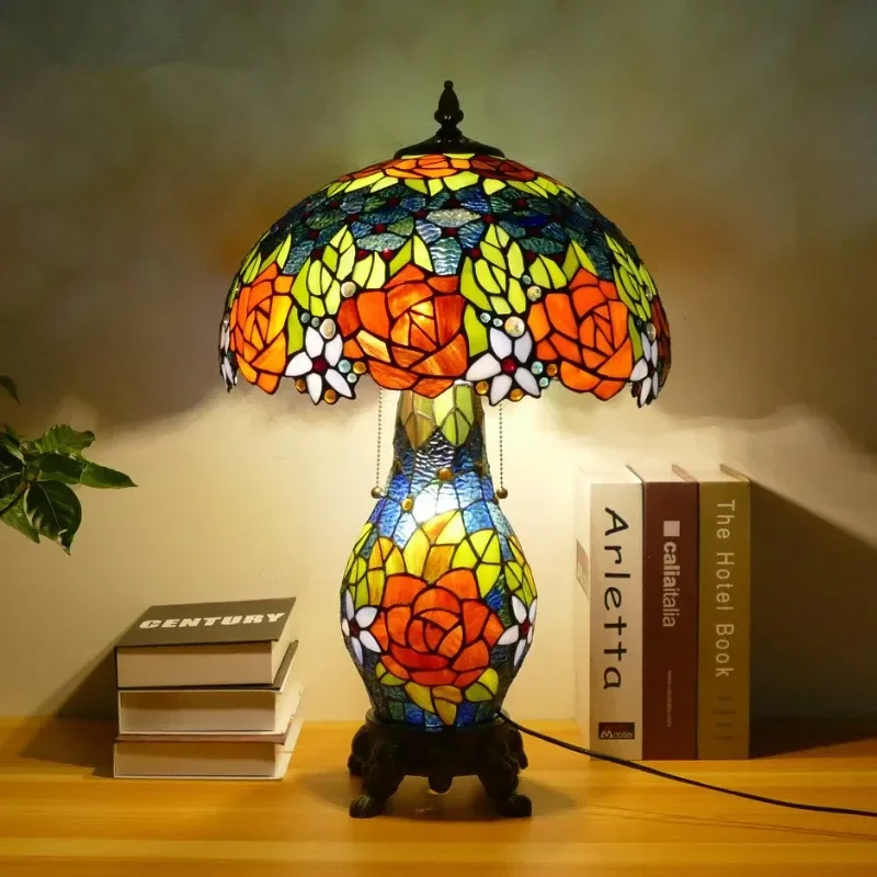 TEMOU lampa stołowa Tiffany amerykański Retro salon lampka do sypialni luksusowa willa hotelowa lampa witrażowa szklane biurko