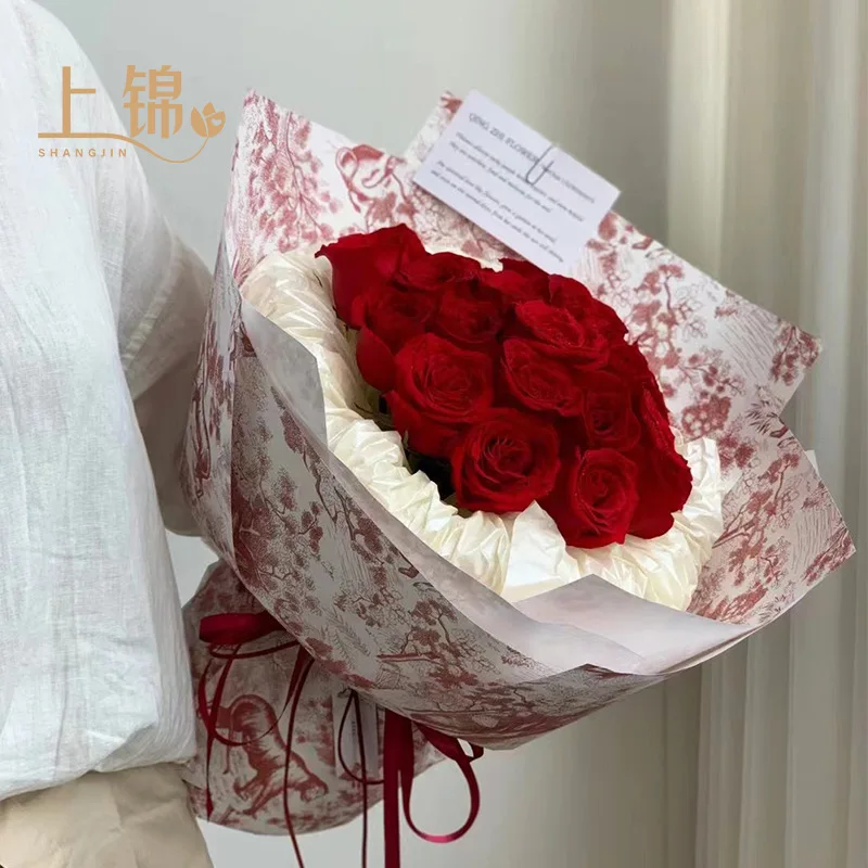 European Style Retro Kraft Paper Net Red Flower Bouquet Packaging Paper Flower Art Bag Flower Shop Material Decorative Paper