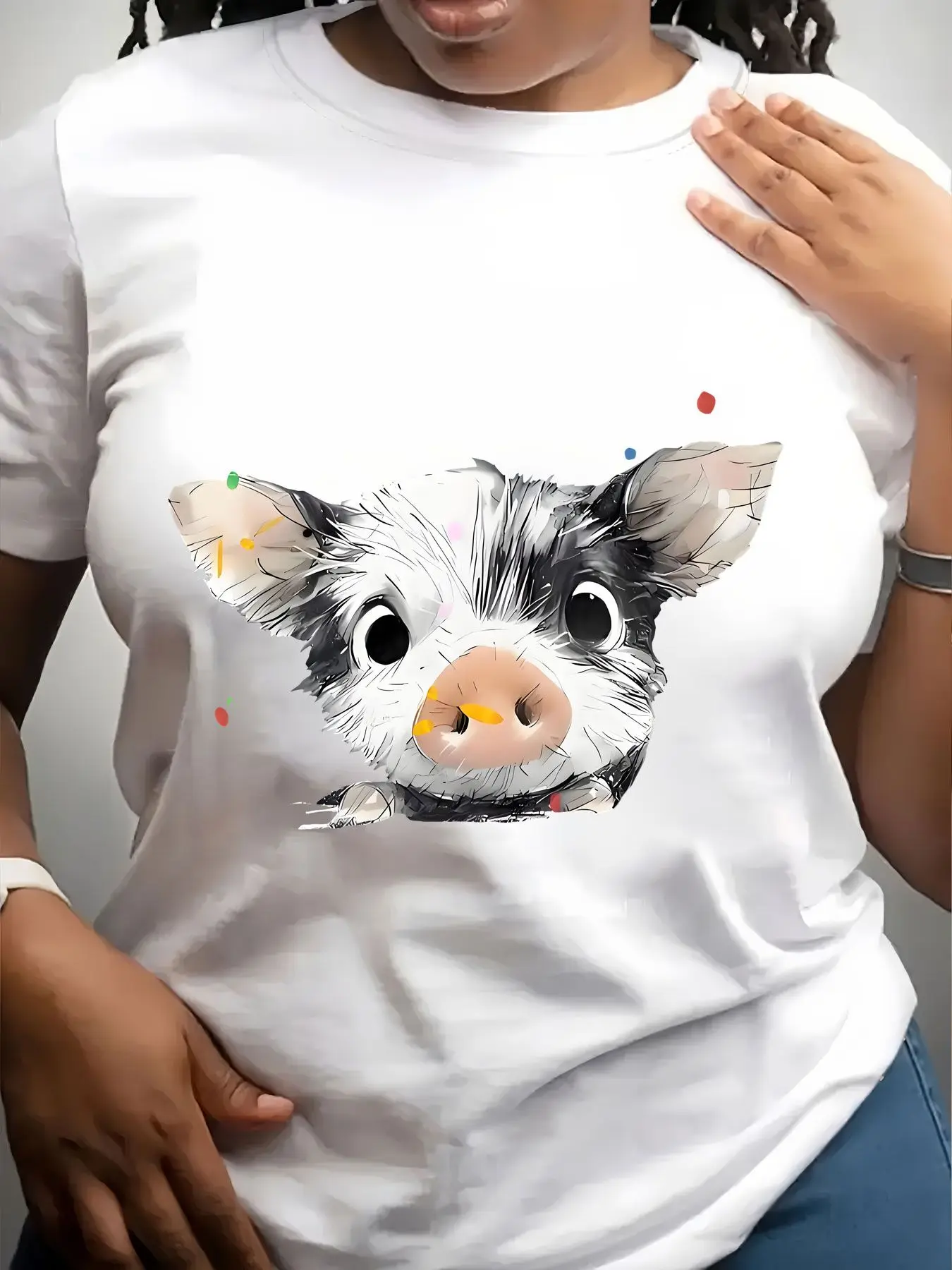 Women's Trendy Crew Neck T-Shirt Cute Pig Face Watercolor Art Print Suitable for Casual Sportswear