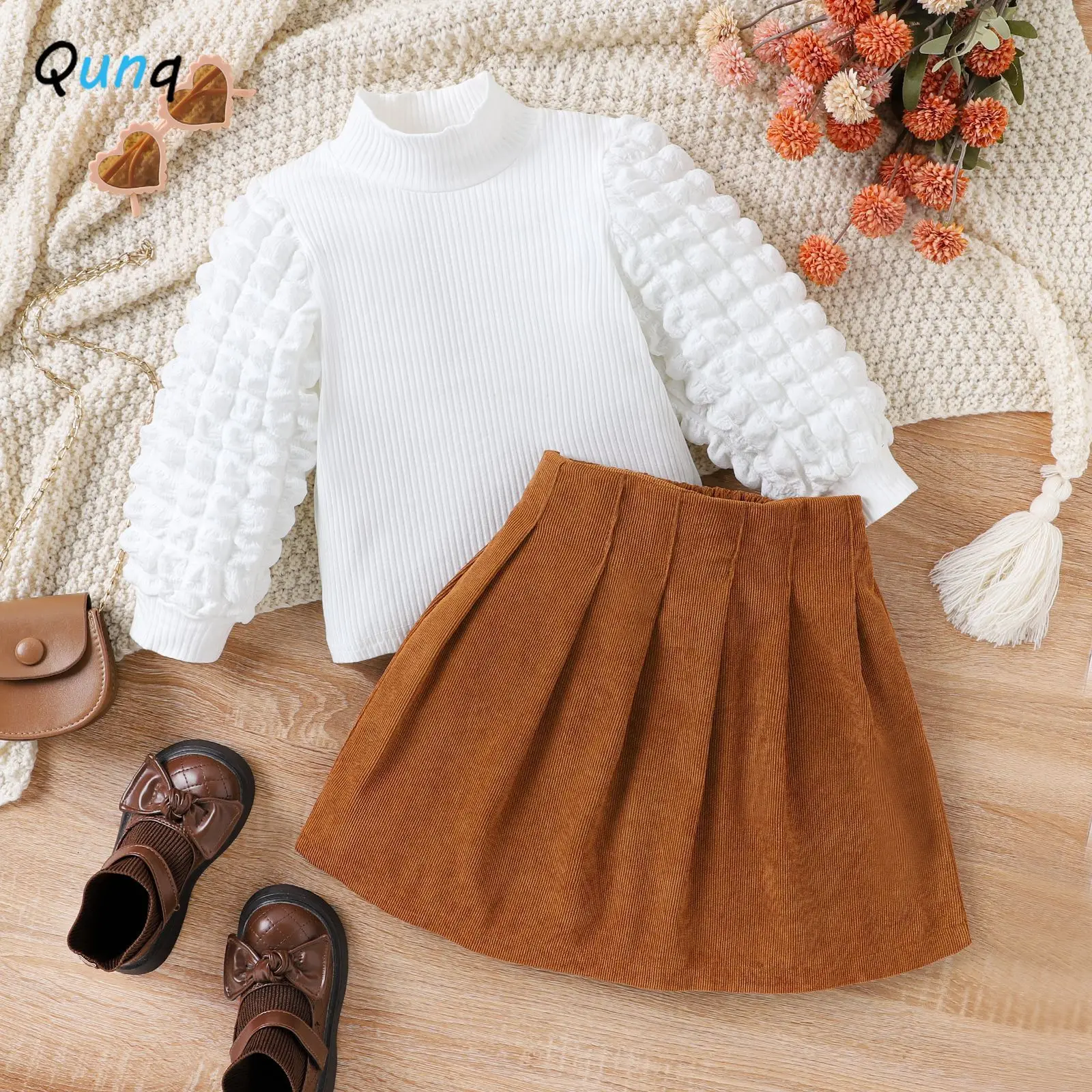 

Qunq 2023 Autumn Girls Puffy Sleeves High Neck Top + Corduroy Simple Pleated Skirt 2 Pieces Set Casual Kids Clothes Age 3T-8T