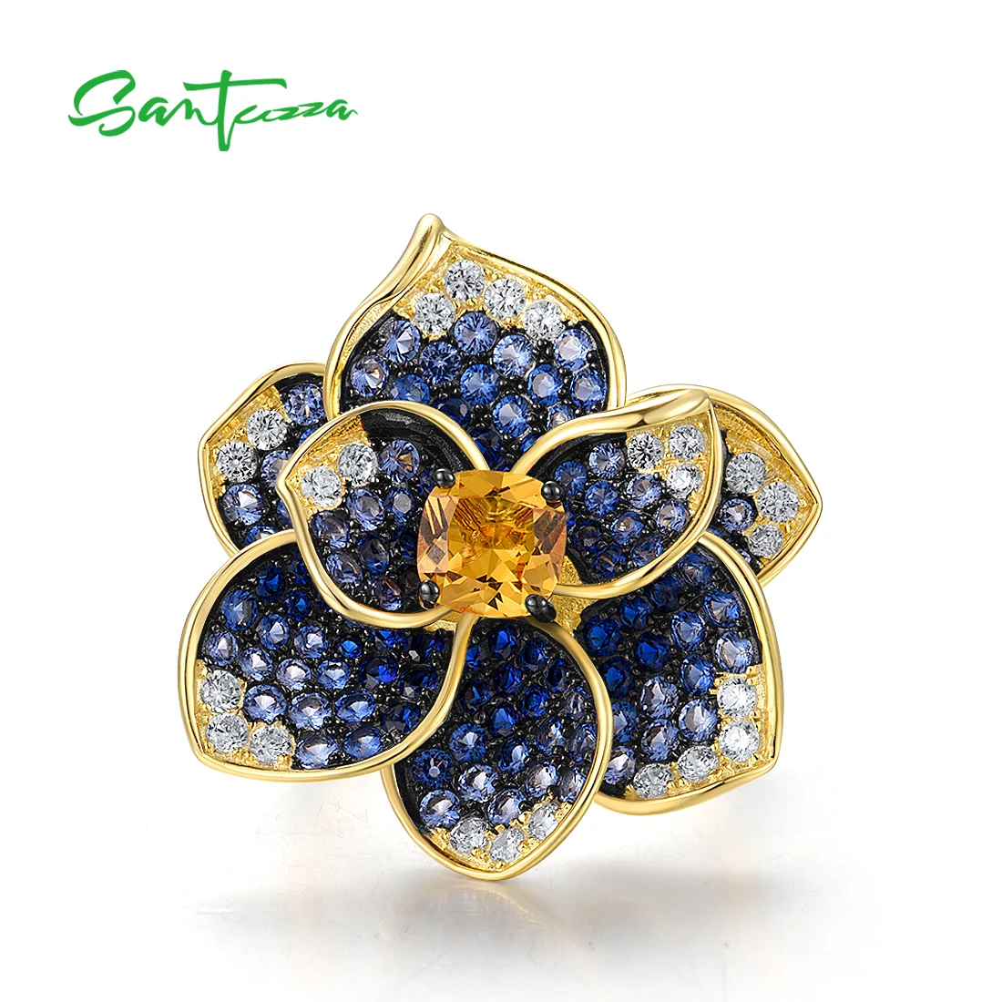 SANTUZZA Pure 925 Sterling Silver Ring For Women Blue Spinel Yellow Crystal Blooming Flower Delicate Wedding Gifts Fine Jewelry