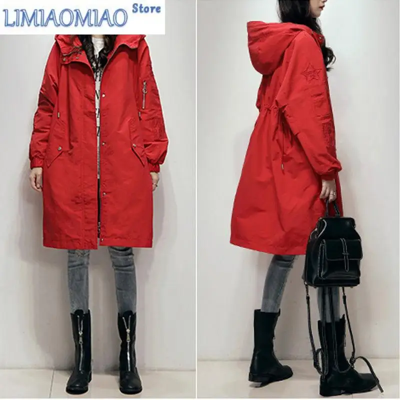 

2023 Long Lning Embroidered Windbreaker Women Spring Autumn Chic Loose Waist-Collecting Hong Kong Fashion Coat Lady