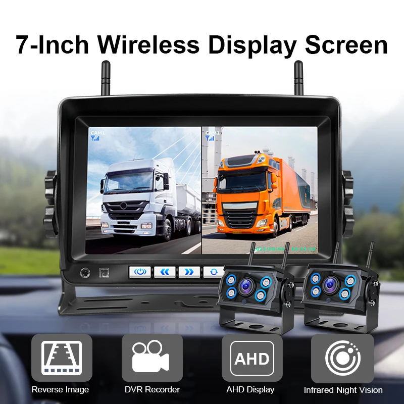 7 Inch Wireless Backup Camera HD720P 2Ch Rear View Monitor Kit Car Security Reverse Aid System for Bus Trailer RV Truck