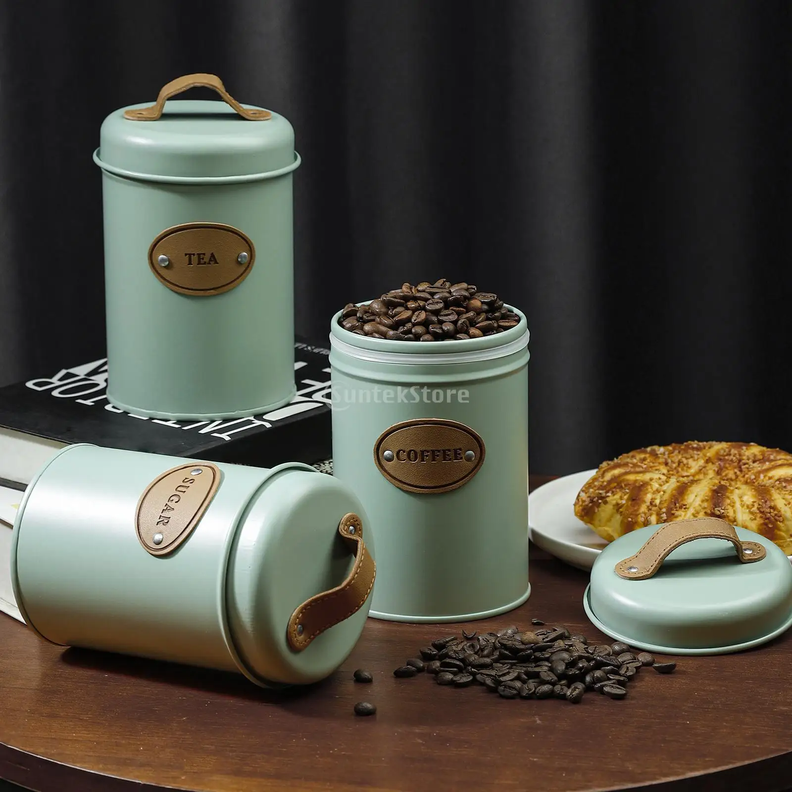 3 Pieces Sugar Coffee Tea Canister Airtight Lid Can Tin Keep Goods Fresh Kitchen Canisters Set Sugar Tea Coffee Jars