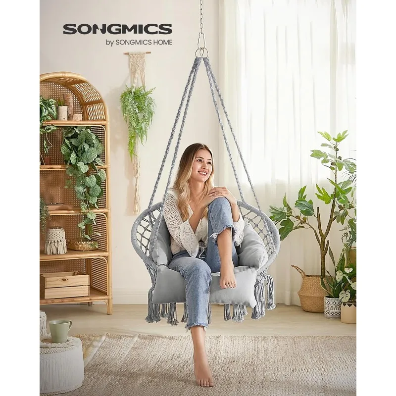 Hanging Chair, Hammock Chair with Large, Thick Cushion, Boho Swing Chair for Bedroom, Patio, Balcony, Garden, Holds up to 264 lb