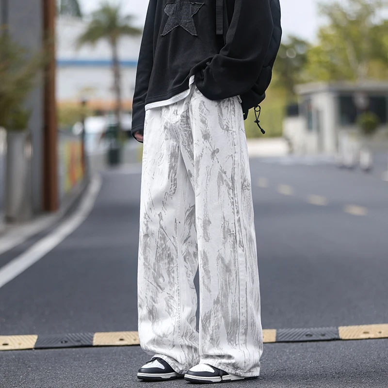 Pantalones vaqueros clásicos de pierna recta para hombre, pantalones vaqueros blancos con tinte anudado, pantalones casuales de moda Unisex, ropa de calle estilo Hip Hop lavada