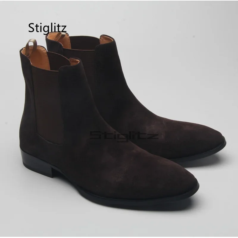 Men's Frosted Chelsea Boots Classic Cow Leather British Suede High Top Ankle Boots Casual Dress Business Male Winter Shoes