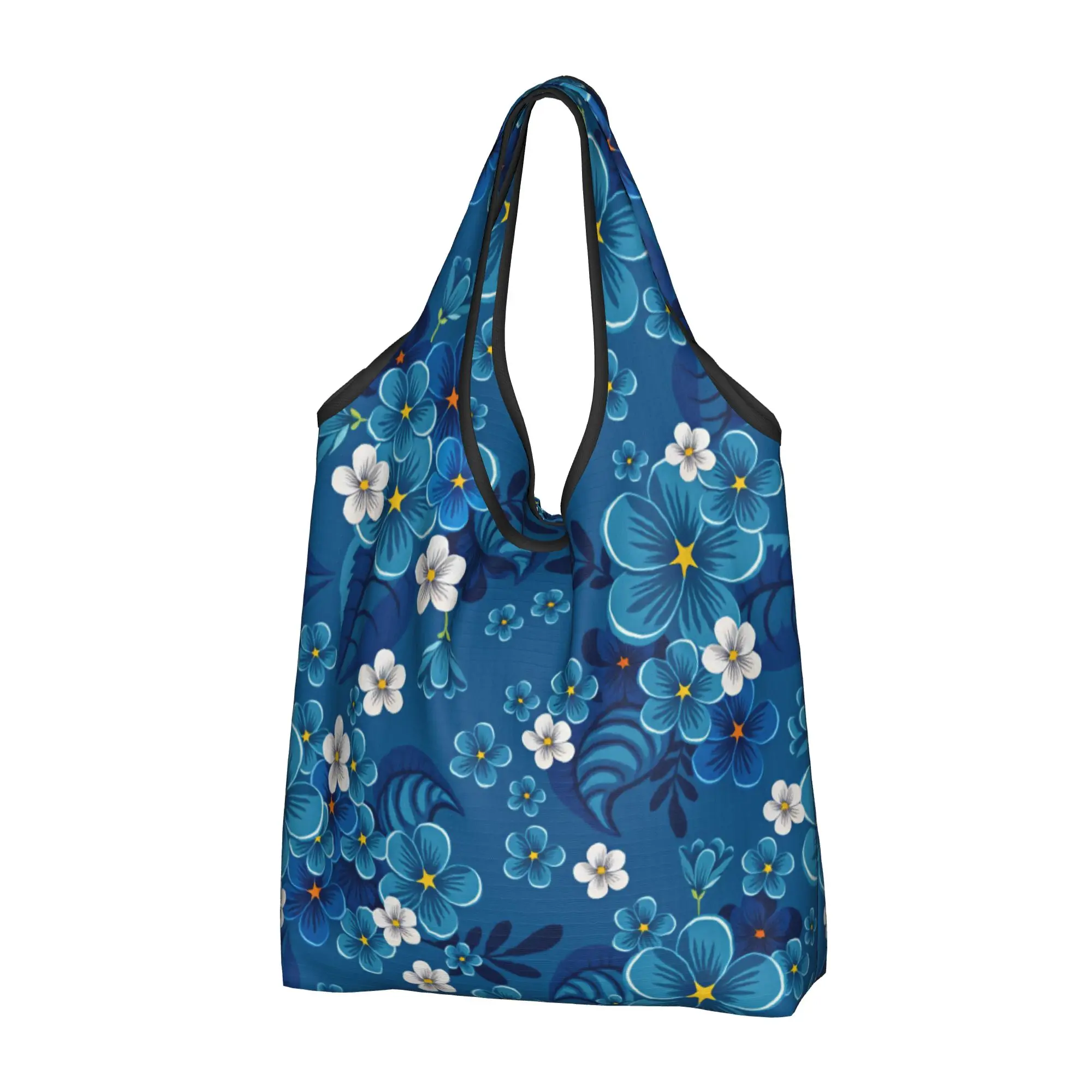 Funny Blue Forget Me Not Flowers Shopping Tote Bag Portable Seamless Floral Pattern Groceries Shoulder Shopper Bag