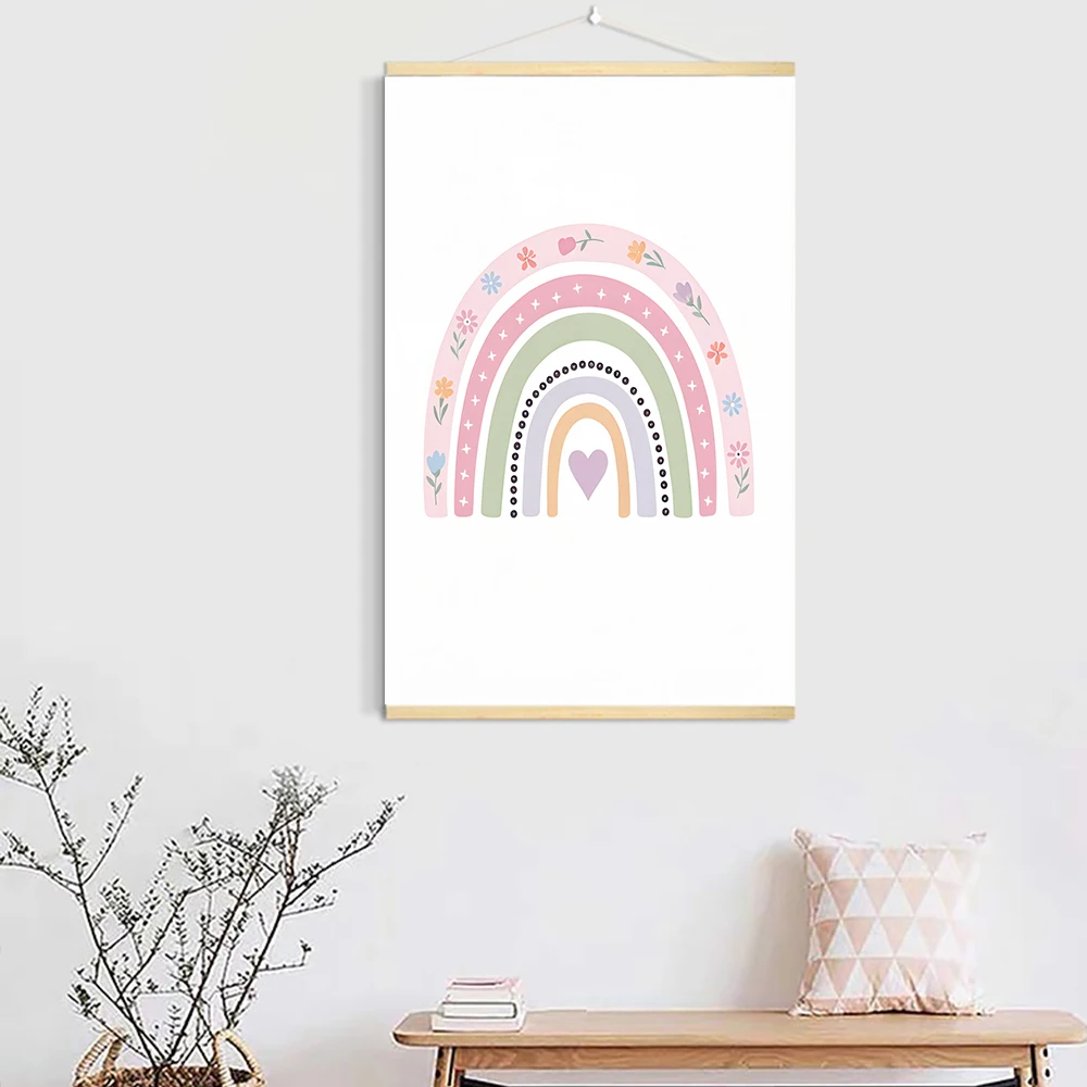 Solid Wood Hanging Canvas Paintings Pastel Boho Nursery Affirmation Wall Art ,Rainbow Floral for Toddler Room Playroom Nursery