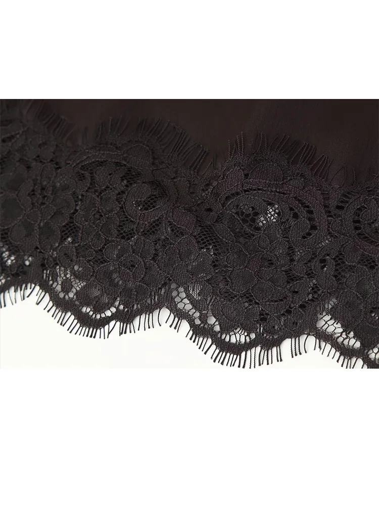 HH المرأة الجديدة الدانتيل الديكور أكمام عارية الذراعين حبال أعلى أنيقة عودة زيبر سبليت هيم الساتان الملمس ميدي الصيف تنورة دعوى #5