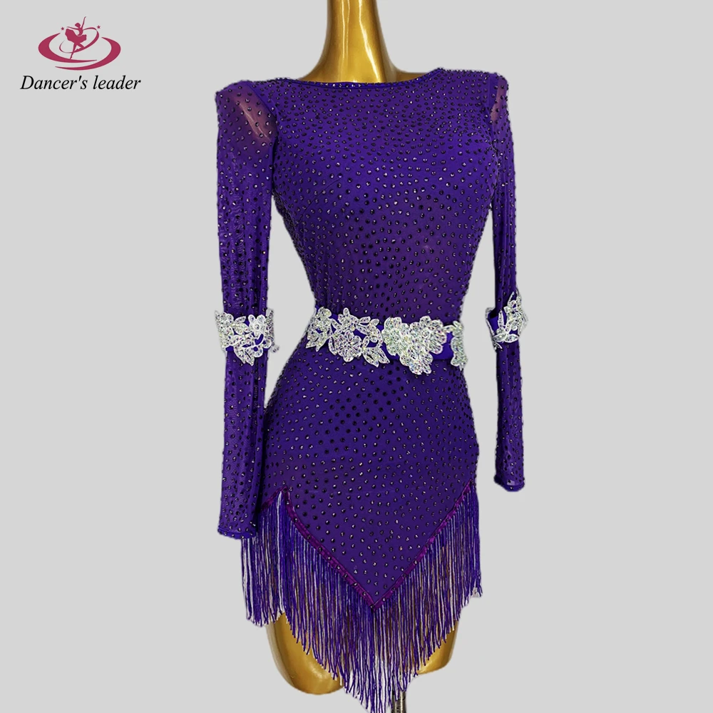 

Latin Dance Dress Long Sleeve Full Diamond Performance Costume Cha Cha Tango Female Adult Stage Professional Costume