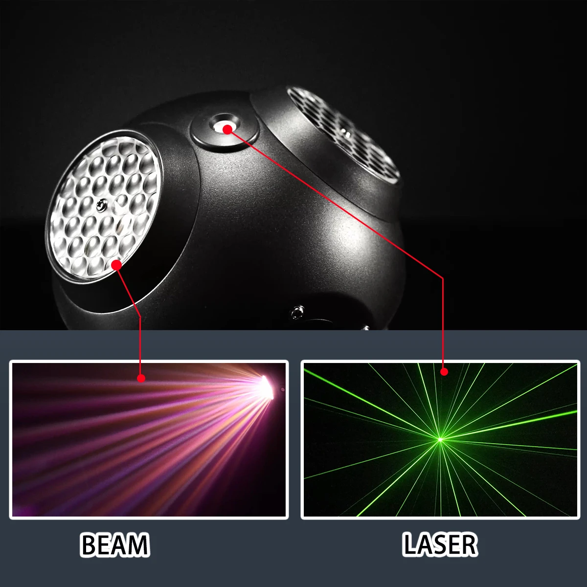 مصابيح تأثير صغيرة 2 في 1 شعاع + ليزر RGBW بألوان كاملة LED + ضوء ليزر أخضر ضوء مسرح DMX مصباح أمامي متحرك