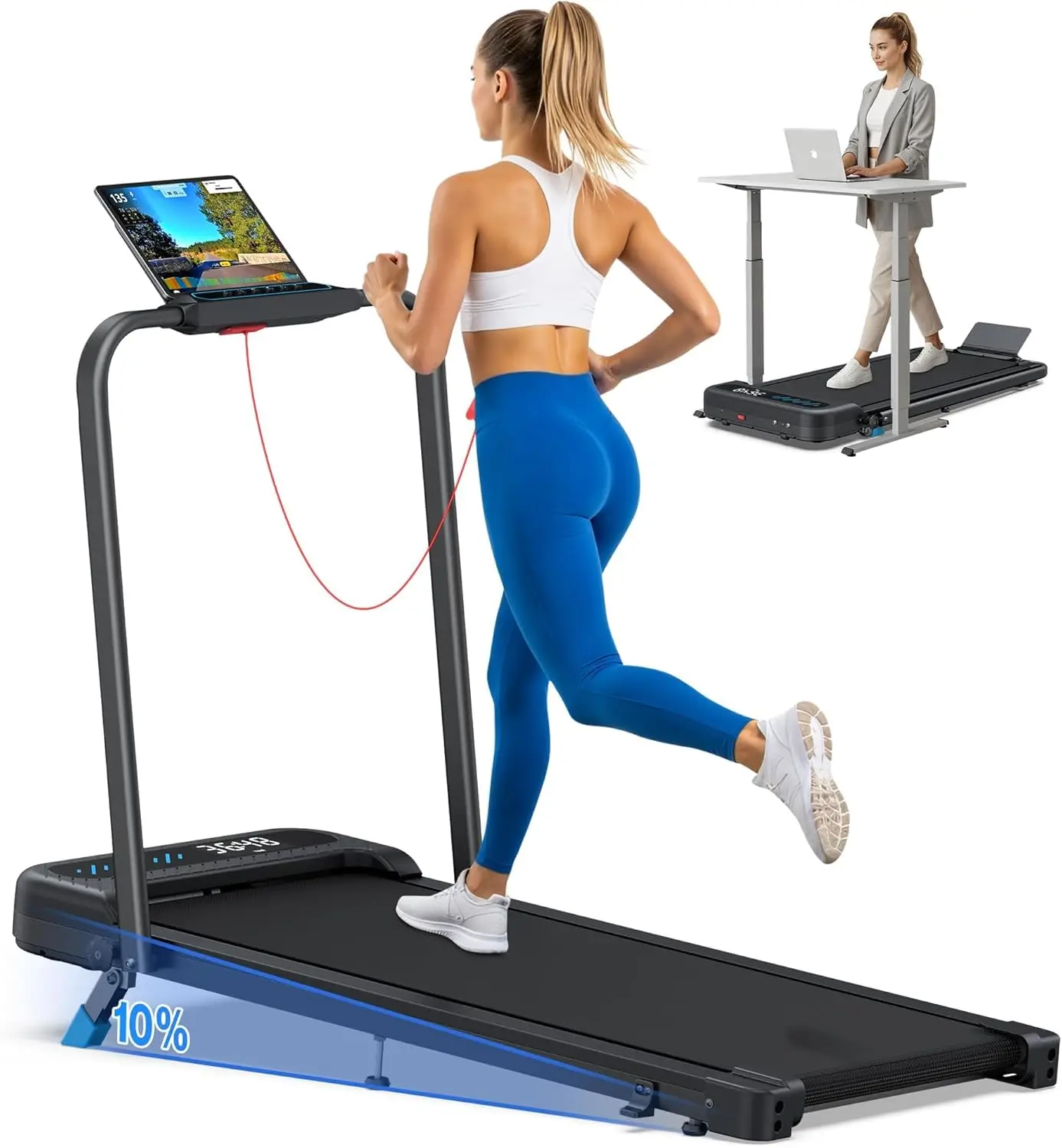 Walking Pad Treadmill 10% Incline Handle Bar Foldable Home Office 350 lbs 3HP Quiet Motor APP LED, Customized