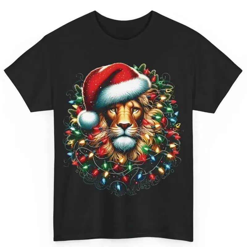 Majestic Christmas Lion With Santa Hat Wrapped By Lights Cotton T Shirt