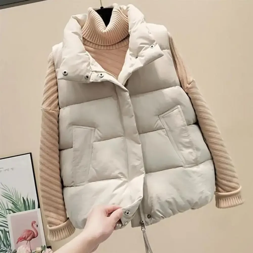 Gilet imbottito corto da donna con cerniera e colletto alla coreana, caldo cappotto imbottito senza maniche per l'autunno inverno