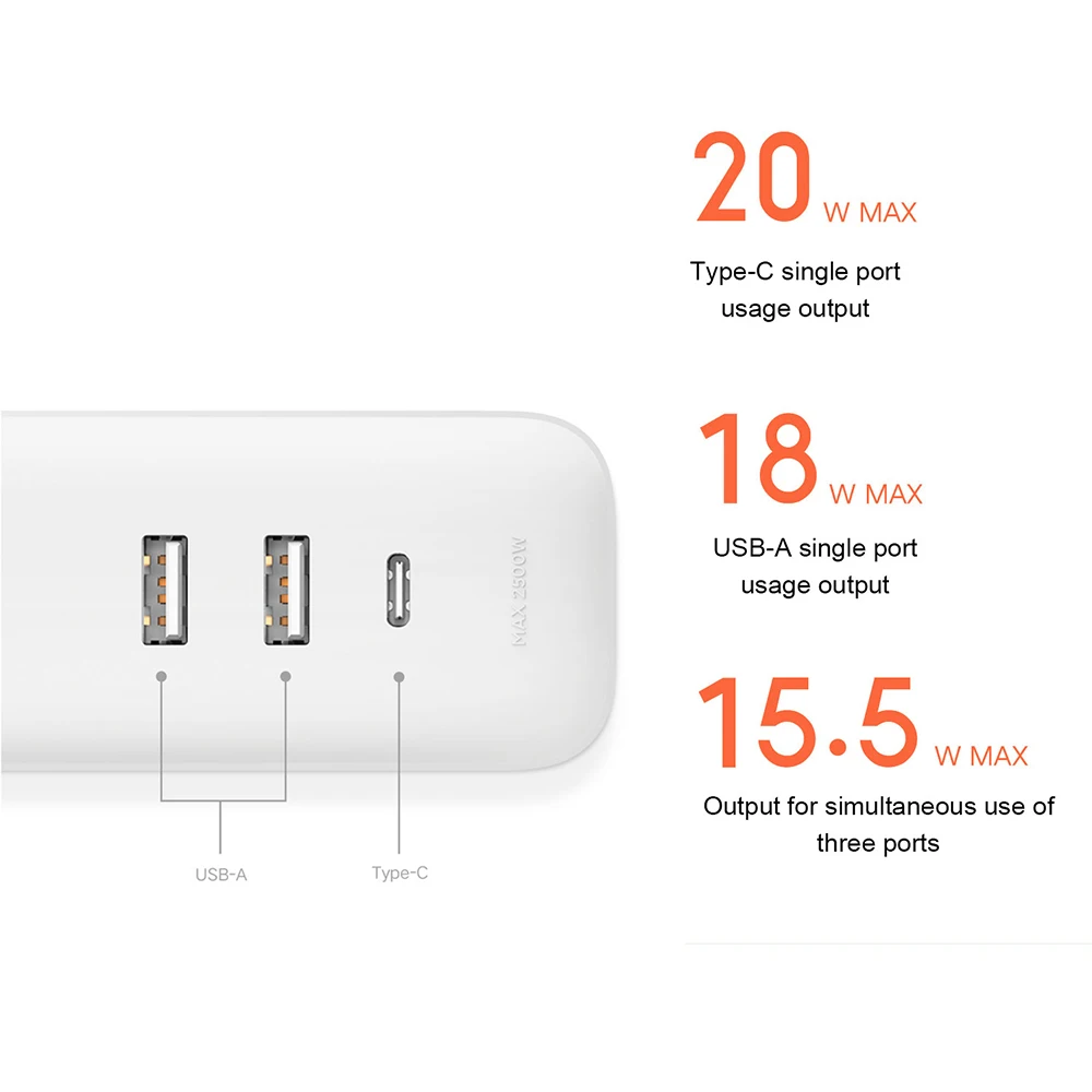 Original Xiaomi Power Strip 20W Fast Charging 3 Sockets 2 USB-A 1 Type-C Standard Plug Interface Patch Board Extension Lead 1.8m