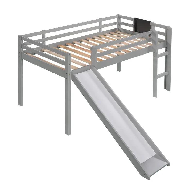 Cama Loft de tamaño doble, cama de madera con tobogán, escalera y pizarra, gris