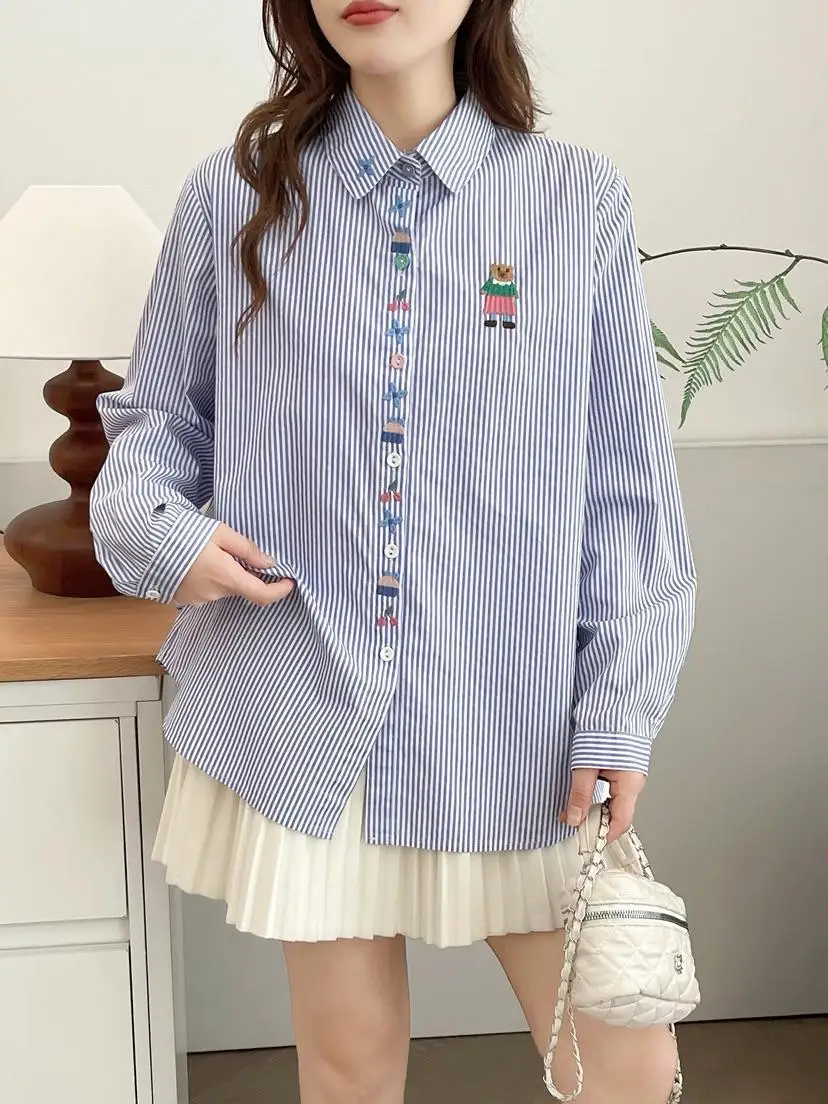 جديد 2025 الخريف قميص قطني بكم طويل ، المرأة التلبيب التطريز مخطط ، موري فتاة الحلو تخفيض العمر بلوزة فضفاضة T58520CC