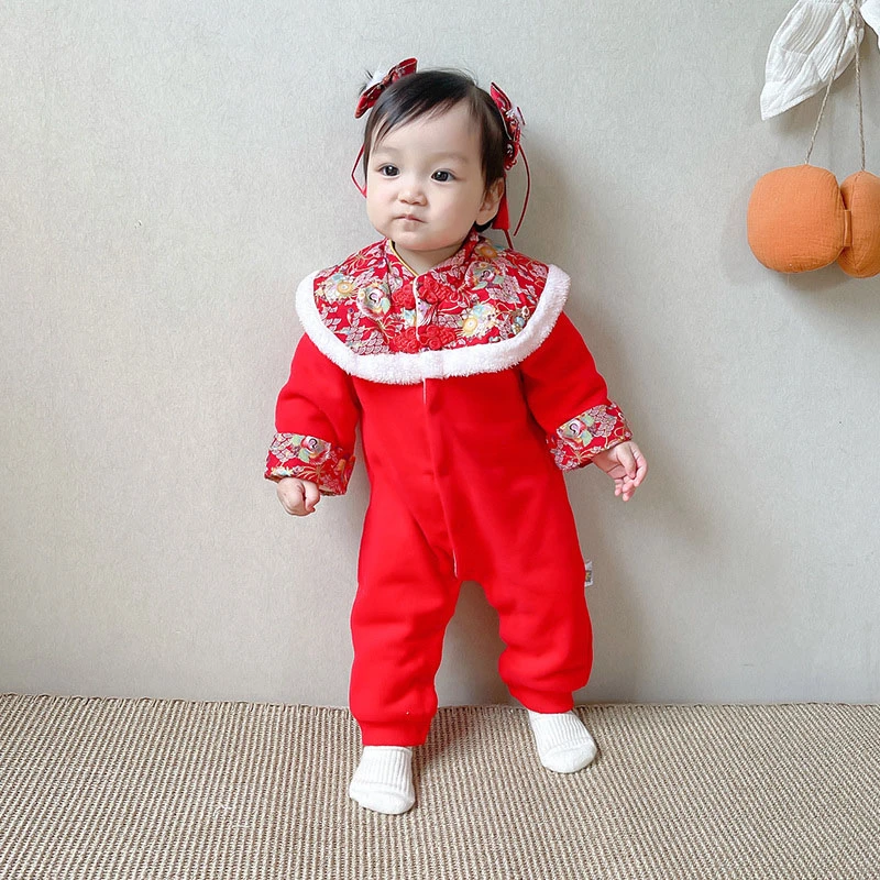 

Chinese Baby One-Piece Romper Tang Suit Baby Girl New Year Clothes Festive Embroidered Buckle Cotton Treasure Baby Clothes