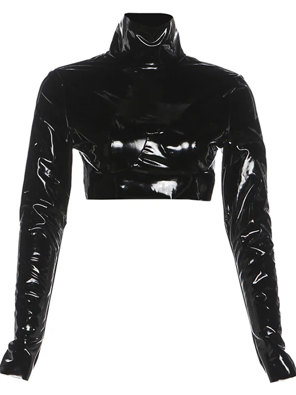 المرأة مثير عالية الياقة اقتصاص قمة جلدية موضة كم كامل الجولة الرقبة Bodycon الأسود بلوزات قصيرة 2025 سيدة ملابس للنادي الحفلات جديد #1