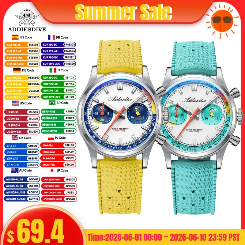 

ADDIESDIVE reloj 38mm AD2549 Chronograph Watch BGW9 Super Luminous 10Bar Waterproof FKM Strap 0S21 Movement Quartz Men's Watch