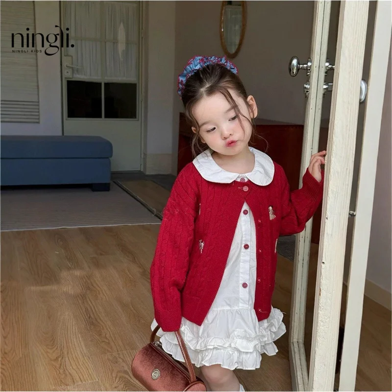 

Children's Clothing2025Autumn New Girls Embroidered Knitted Cardigan Coat Cotton Doll Collar Shirt Dress