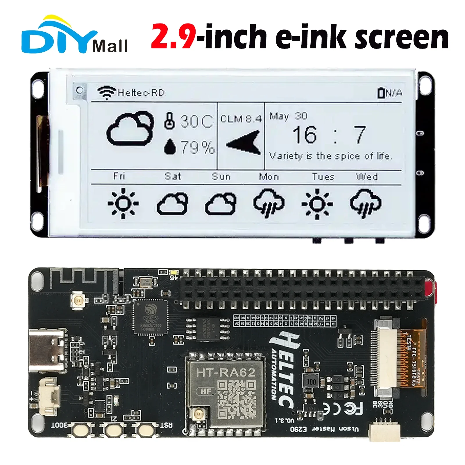 placa do desenvolvimento esp32s3r8 tela eletronica da tinta no eink loaaiwan 915mhz com lora 29 01