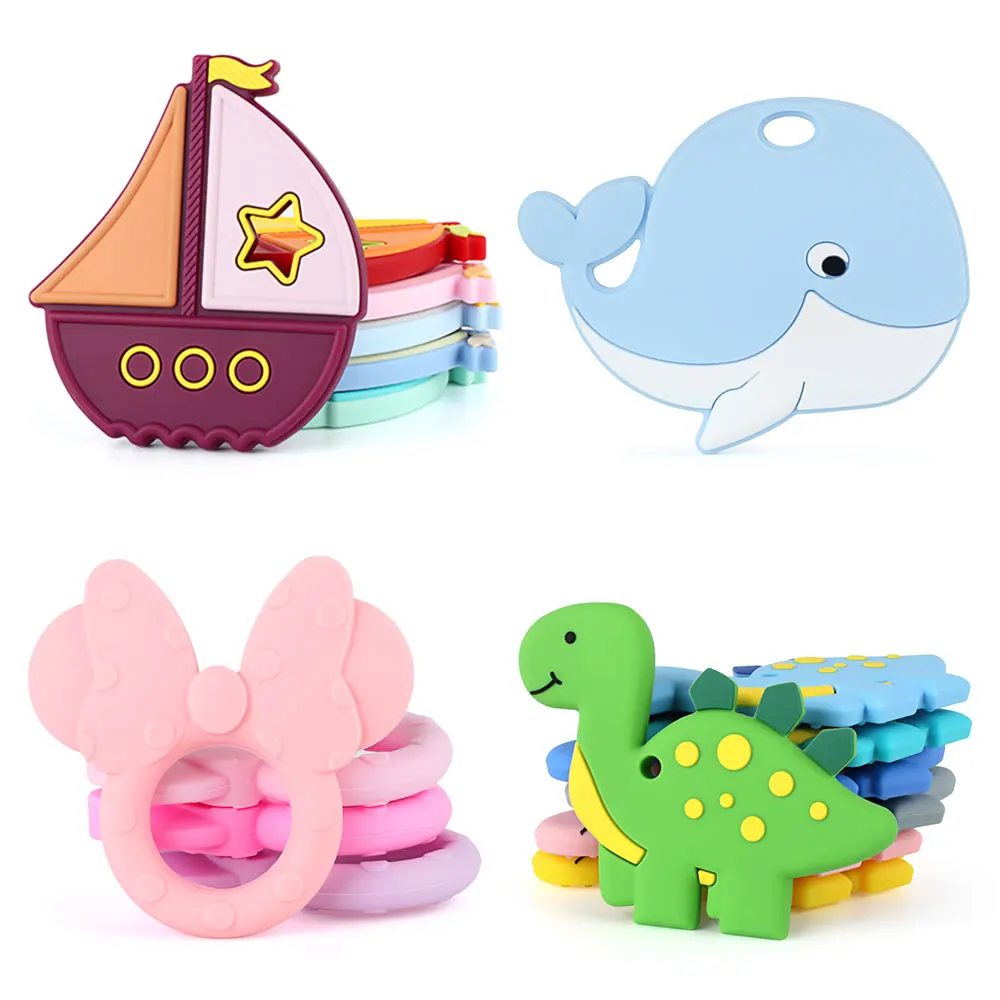 1pc BPA Free Silicone Teether Dinosaur Whale Ship Cartoon Shape Tiny Rod Baby Teething Oral Care Molar Rodent Teethers