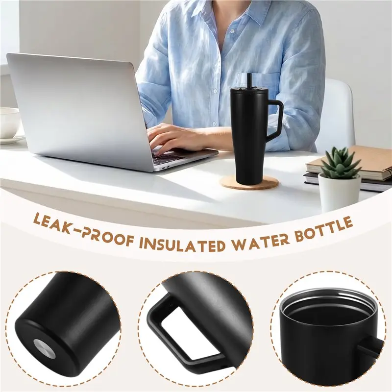 

ABGH-Leak-Proof 40 Oz Insulated Water Bottle With Lid And Spring, Flat-Bottomed Mug With Handle And Straw