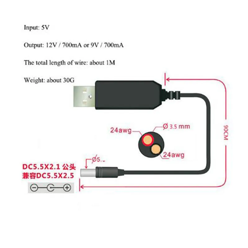 USB Cable Boost Line DC 5V To DC 12V / 9V Step Up Module USB Converter Adapter Cable 2.1X5.5Mm Plug for arduino WIFI Router