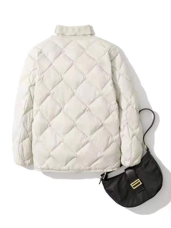 Jaqueta puffer macia ultra leve sem colarinho para mulheres, casaco solto casual, peito único, 90% de pato, outono, inverno, venda quente, nova